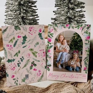 Modern Christmas Blush Pink Greenery Arch 1 Photo Holiday Card