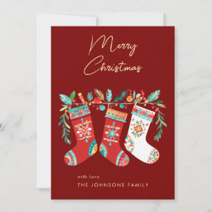 Modern Christmas Boho Stockings in Tribal Pattern  Holiday Card