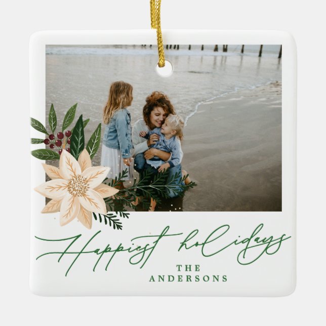 modern christmas botanical happy holidays photo ceramic ornament (Front)