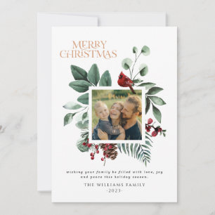 Modern Christmas Botanical Square Foliage 1 Photo Holiday Card