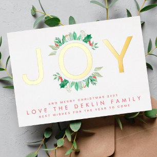 Modern Christmas Botanicals GOLD JOY Wreath Photo Foil Holiday Card
