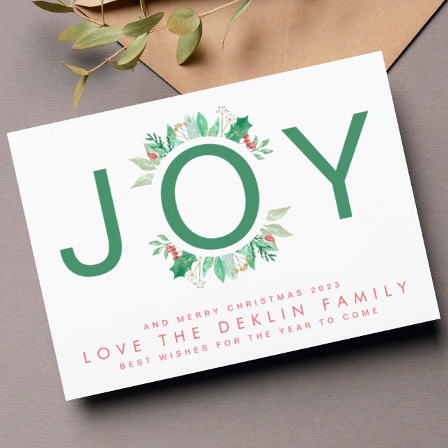 Modern Christmas Botanicals Green JOY Wreath Photo Holiday Card (Creator Uploaded)