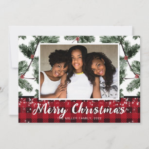 Modern Christmas buffalo plaid holiday photo card
