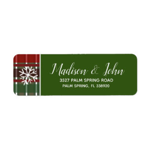 Modern Christmas Burgandy Plaid Snowflakes Return Address Label