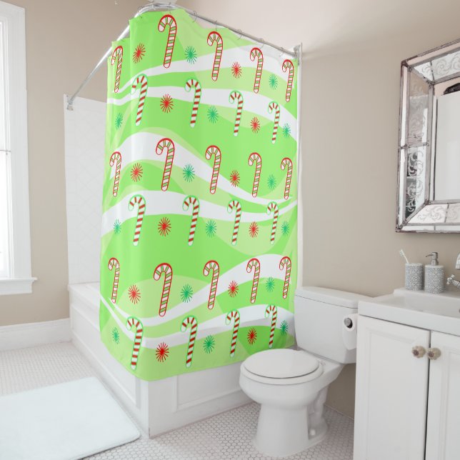 Modern Christmas Candy Canes Design Shower Curtain (In Situ)