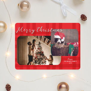 Modern Christmas Card Red Plaid Double-Photo