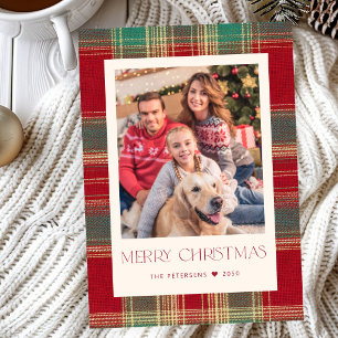 Modern Christmas classic red green plaid photo Holiday Card
