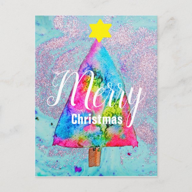Modern Christmas colourful blue and pink glitter Holiday Postcard (Front)