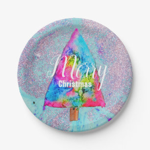 Modern Christmas colourful blue and pink glitter Paper Plate