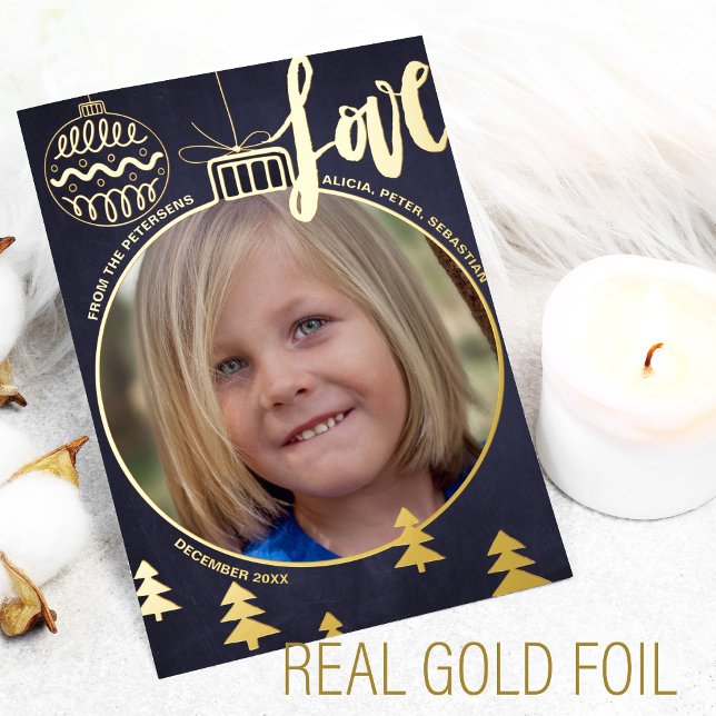 Modern Christmas decorations photo navy gold Foil Holiday Card (Creator Uploaded)