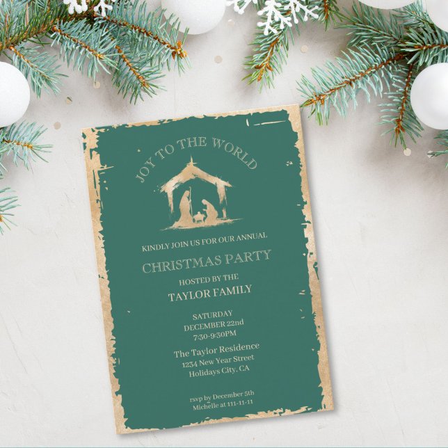 Modern Christmas Dinner Party Religious Nativity Holiday Card (modern artistic christmas religious gold nativity scene on the green background)
