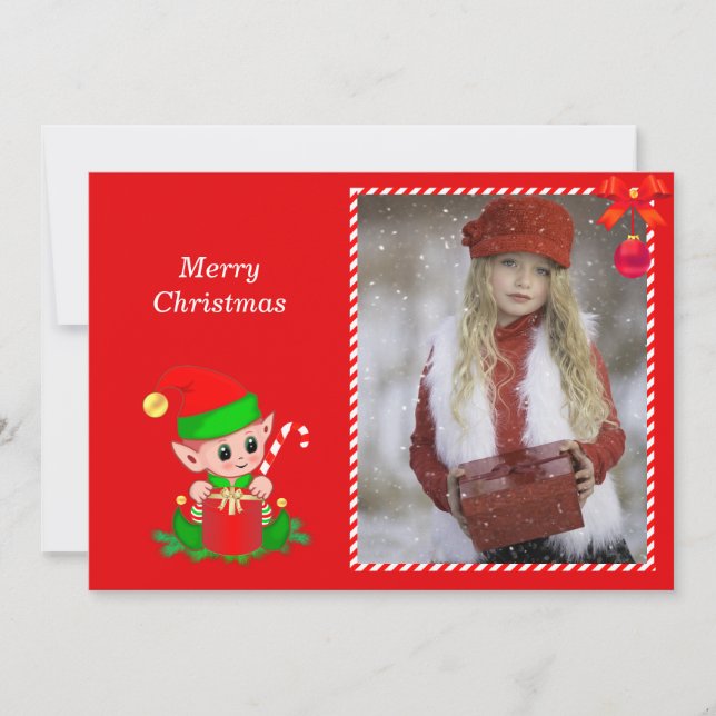 Modern Christmas Elf & Custom Photo on Red (Front)