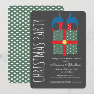 Modern Christmas Elf In Present Holiday Party Invitation