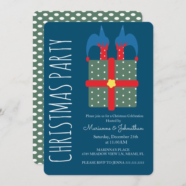 Modern Christmas Elf In Present Holiday Party Invitation (Front/Back)