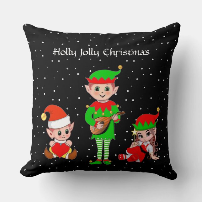 Modern Christmas Elf Squad on Black Cushion (Front)