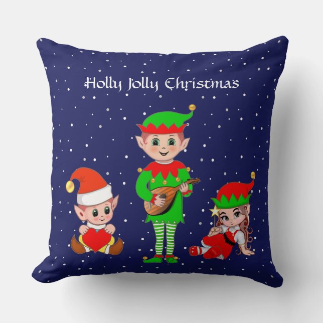 Modern Christmas Elf Squad on Blue Throw Pillow (Front)