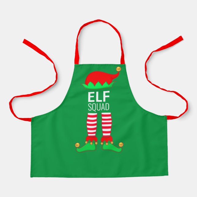 Modern Christmas Elf Squad on Green Apron (Front)