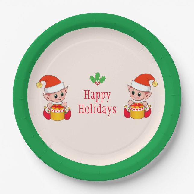 Modern Christmas elves on green and ivory Paper Plate (Front)