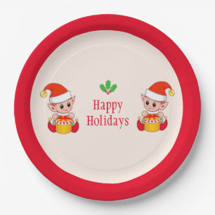 Modern Christmas elves on red and ivory Paper Plate