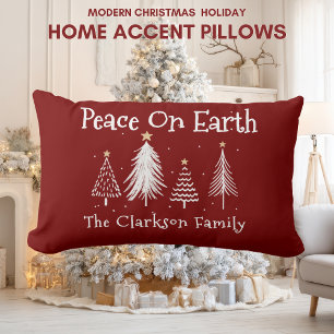 Modern Christmas - Family Name - Peace On Earth  Lumbar Cushion