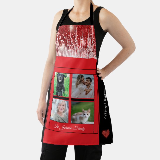 Modern Christmas Family Name Photo Collage Red Apron (Insitu)
