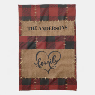 Modern Christmas Family Name Red Buffalo Plaid Tea Towel