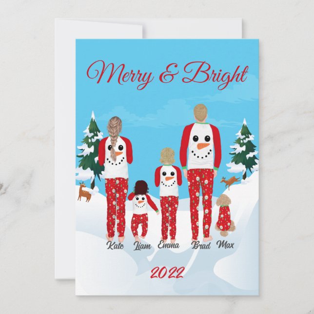 Modern Christmas Family of 5 Personalised Flat Holiday Card (Front)