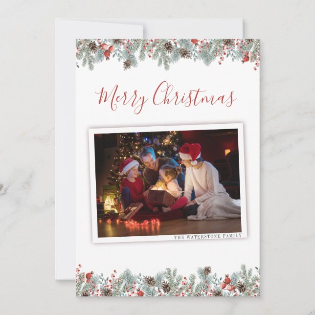 Modern Christmas Family Photo Botanical Holiday Card (Front)