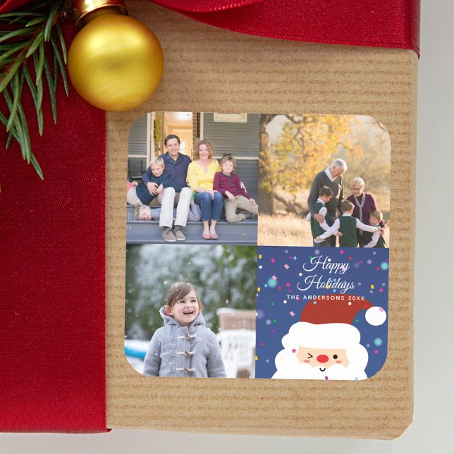 Modern Christmas Family Photo Collage Holiday Square Sticker (Creator Uploaded)