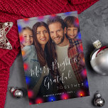 Modern Christmas family photo Merry and Bright  Holiday Card<br><div class="desc">Simple custom family photo "Merry Bright & Grateful together" (changeable) script Christmas holiday card template with neon glow colourful lighting bulbs frame.                       Easy to personalise with your picture,  text,  family name,  and your wishes on both sides!</div>
