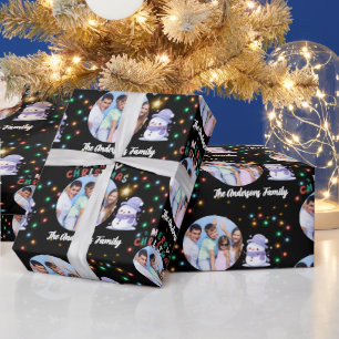 Modern Christmas Family Snowman Photo and Name  Wrapping Paper