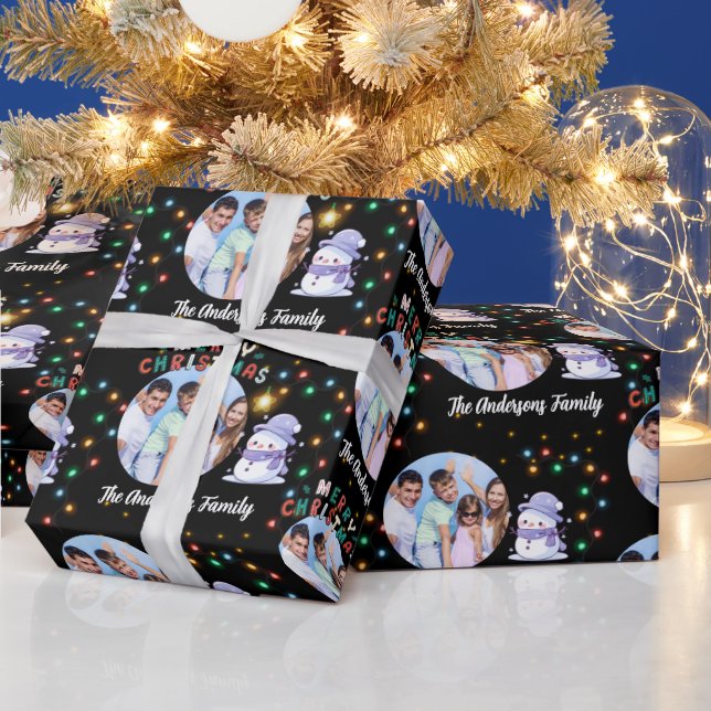 Modern Christmas Family Snowman Photo and Name  Wrapping Paper (Holidays)