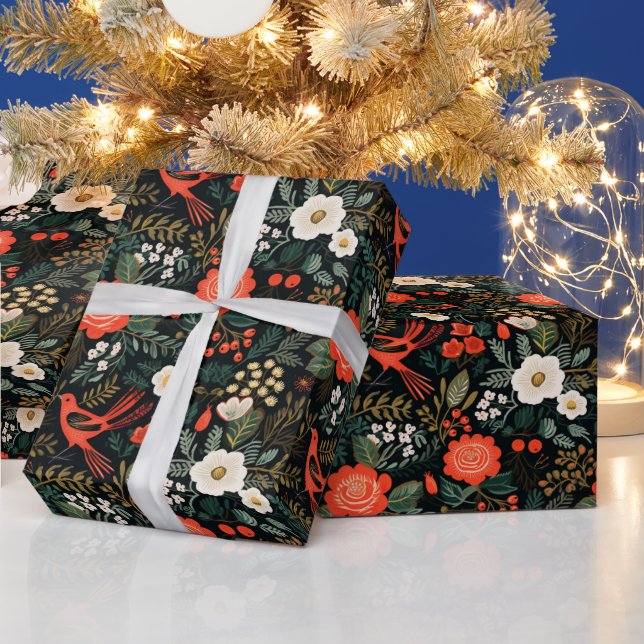 Modern Christmas Floral Bird Pattern  Wrapping Paper (Holidays)