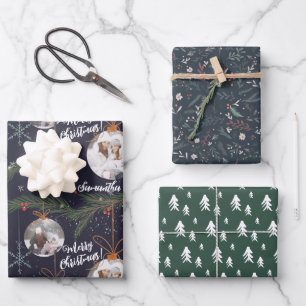 Modern Christmas floral red green blue photo Wrapping Paper Sheet