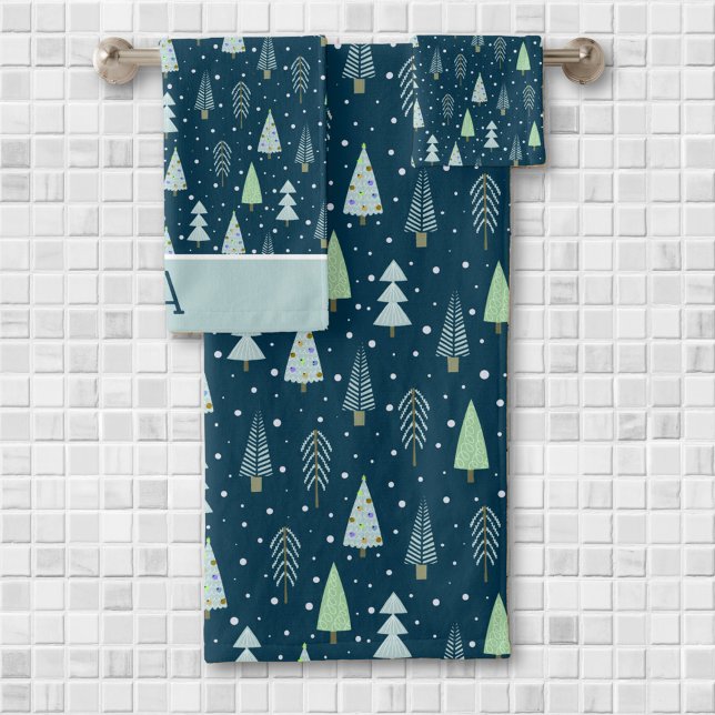 Modern Christmas Forest Trees Monogram Blue Green Bath Towel Set (Creator Uploaded)