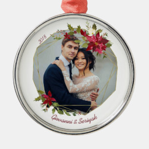 Modern Christmas Geometric Floral Holiday Photo Metal Ornament