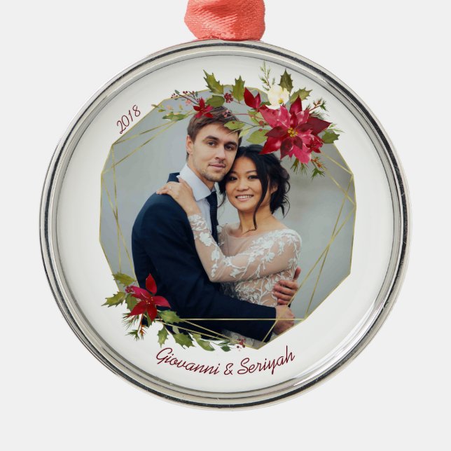 Modern Christmas Geometric Floral Holiday Photo Metal Ornament (Front)