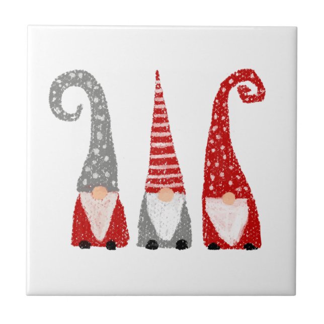 Modern Christmas Gnomes Red Grey White Nordic Ceramic Tile (Front)
