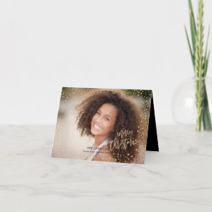 Modern Christmas Gold & Black Dots Lettering Photo Holiday Card