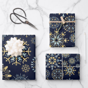 Modern Christmas Gold Blue watercolor Snowflake W Wrapping Paper Sheet