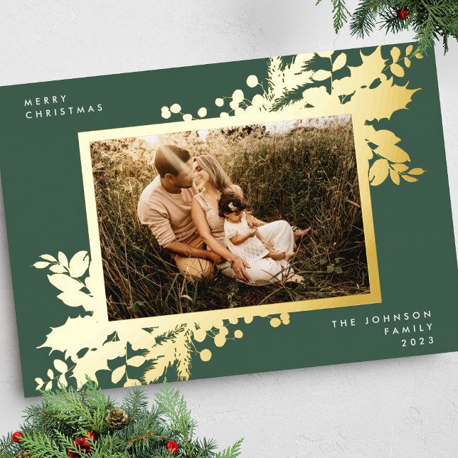 Modern Christmas Gold Botanical Photo Frame Foil Holiday Card (Creator Uploaded)