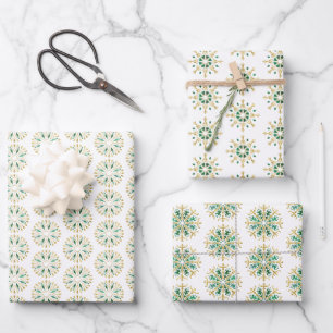Modern Christmas Gold Green Snowflake Wrapping Pap Paper Sheet