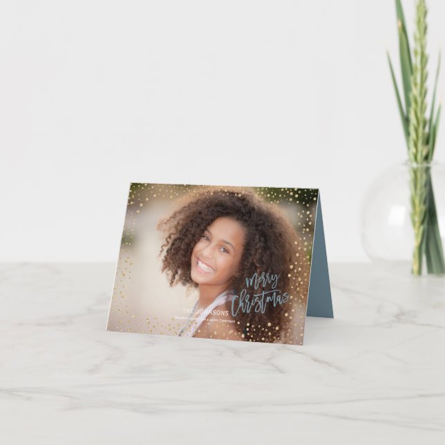 Modern Christmas Gold & Grey blue Dots Lettering Holiday Card (Front)