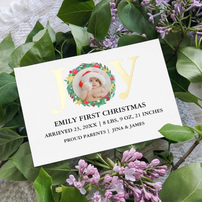 Modern Christmas Gold Joy Wreath Baby Announcement (Creator Uploaded)