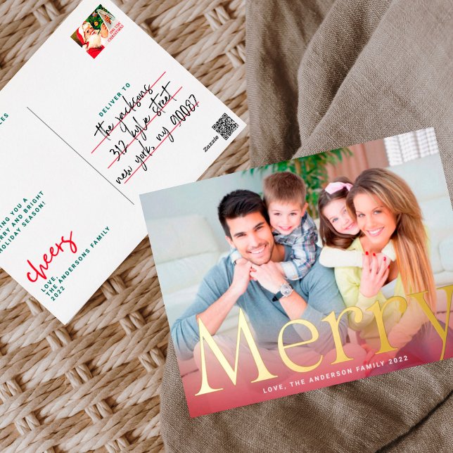 Modern Christmas Gold Merry Photo Foil Holiday Postcard (Creator Uploaded)
