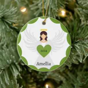 Modern Christmas Green Angel Heart Custom Name Ceramic Ornament