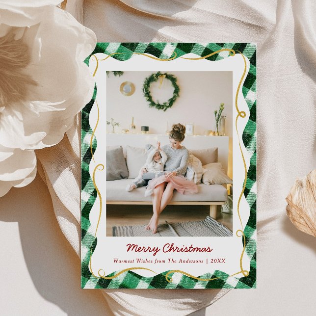 Modern Christmas Green Gingham Pattern 1 Photo Holiday Card (Creator Uploaded)