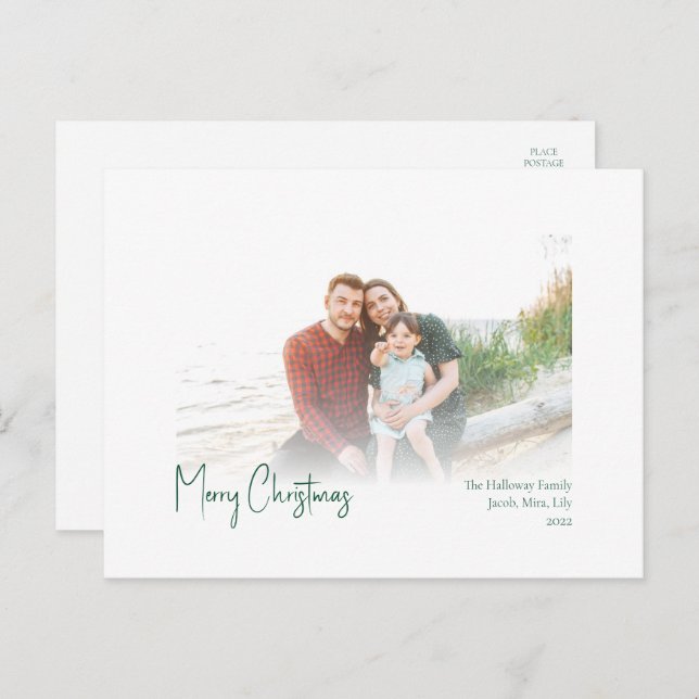 Modern Christmas | Green Script Faded Photo Holiday Postcard (Front/Back)