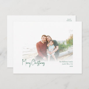 Modern Christmas   Green Script Faded Photo Holiday Postcard