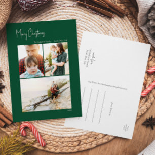 Modern Christmas   Green Vertical 3 Photo Holiday Postcard